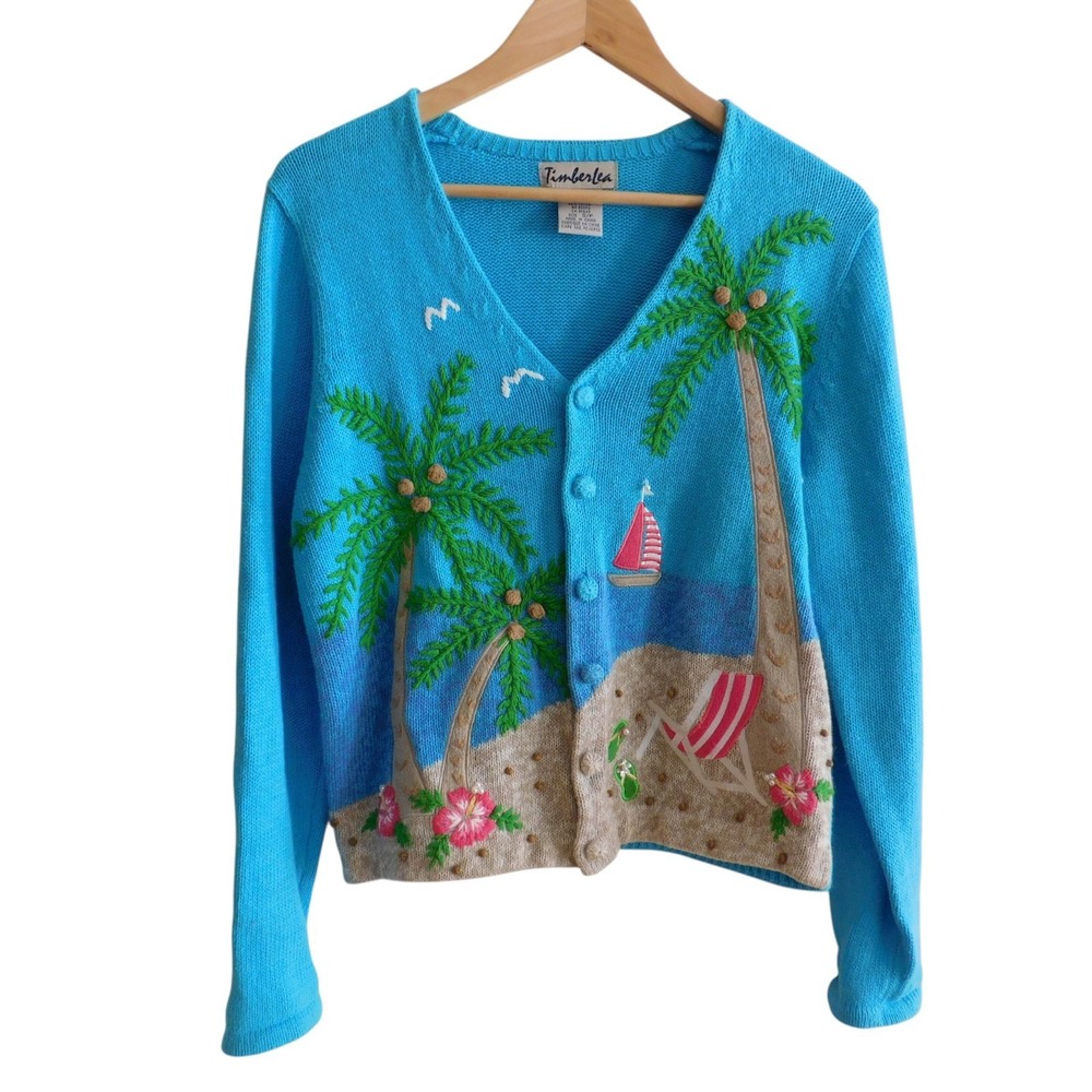 Vintage Temberlea Tropical Beach themed Cardigan Sweater Palm Trees Sailboat S
